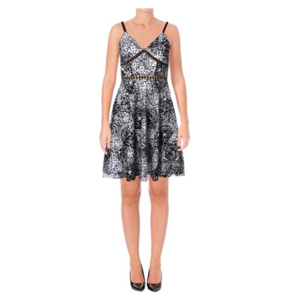 Aqua Flocked Floral Print Dress, S - Picture 2 of 7